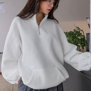Oversized Waffle Half-Zip - White